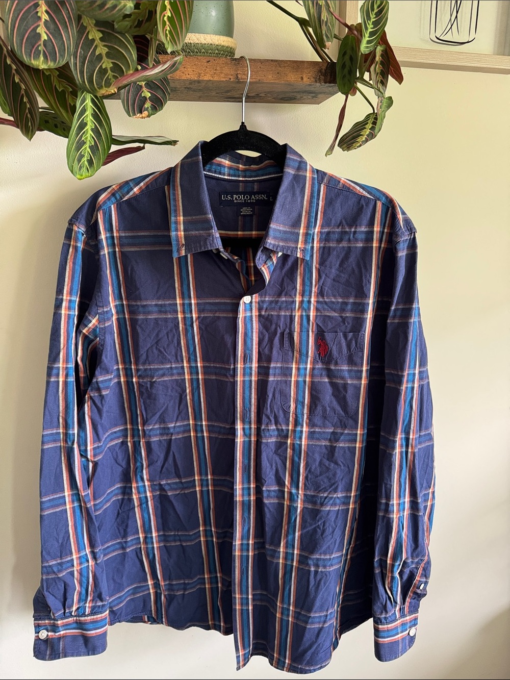 U.S. Polo Assn. Navy‎ Plaid Button-Down Shirt with Orange Stripes
